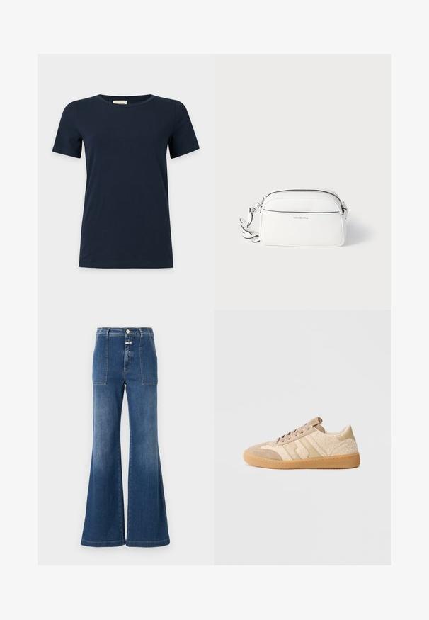 Enkel mørkeblå T-shirt med korte ærmer og rund halsudskæring på en lys grå baggrund.; Høj talje flared jeans i mellemblå denim med en falmet finish. Har lomme med klap og knaplukning. Renset kant.; Beige sneakers med en kombination af ruskind og tekstureret stof, med gummisål og kontrasterende beige striber. Rund snude og snørelukning.; Hvid skuldertaske i struktureret læder med lynlås, justerbar rem og sølvfarvede metaldetaljer. Har en lomme foran.