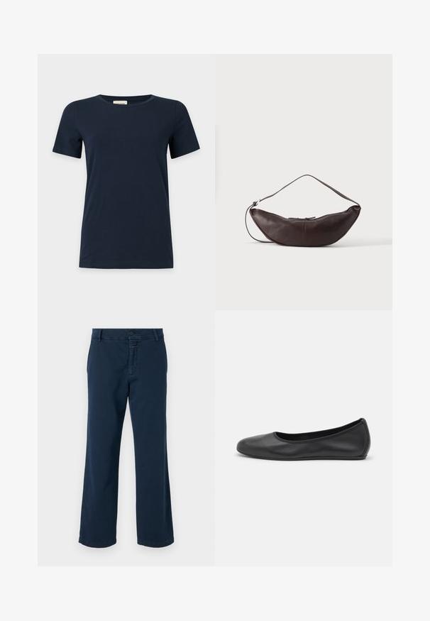 T-shirt bleu marine uni à manches courtes avec un col rond sur fond gris clair.; CLOSED SERANDON - Pantalon classique - dark night; Ballerines en cuir noir avec un bout rond, texture lisse, détails de couture minimalistes et design de semelle flexible.; Sac d'épaule en cuir marron foncé en forme de croissant avec une lanière courbée et des coutures visibles sur fond uni.