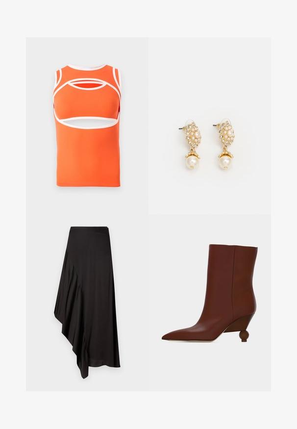 Oranž sleeveless topp valgete detailidega, millel on lõikeavadega ja hästi istuv disain. Valmistatud siledast, elastsemast materjalist.; AERON ASTER SKIRT - Pliiatsseelik - black; Pruun nahast pahkluu saabas terava varba ja ainulaadse ümarate puidust kandadega, lihtsa heleda tausta ees.; Kuldtooniga kõrvarõngad, millel on lilleline disain ja pärliläikega aktsendid, koos suurema pärlipoolusega. Kaunistatud väikeste, selgete kristallidega.