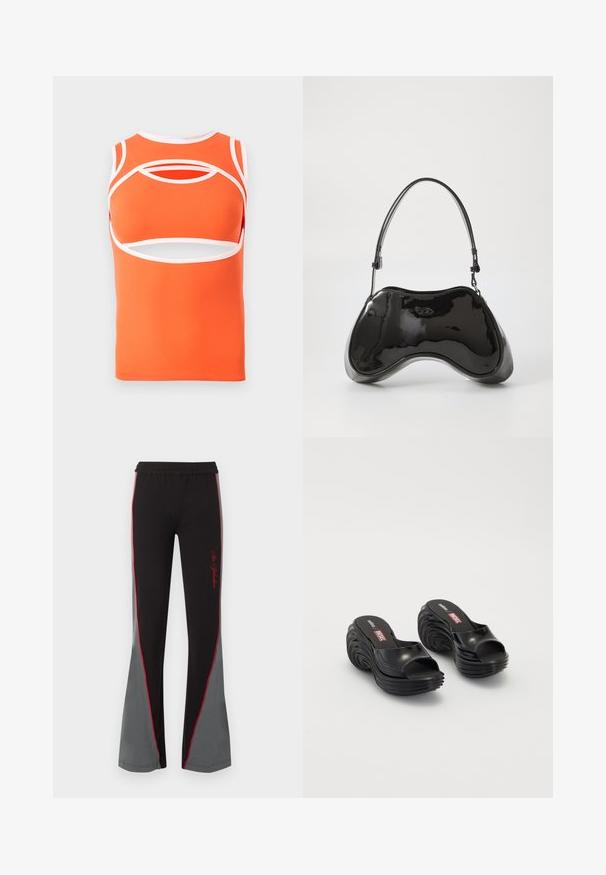 Top orange sans manches avec des accents blancs, présentant des découpes et une coupe ajustée. Fabriqué en tissu lisse et extensible.; Pantalon évasé noir et gris avec passepoil rouge et texte cursif rouge sur la cuisse gauche, taille élastique, vue de face sur fond blanc.; Melissa MELISSA QUANTUM PLATFORM X DIESEL AD - Sandales de bain - black; Sac à main en cuir verni noir avec une forme incurvée unique, une anse courte et ajustable, et une fermeture zippée. Texture lisse avec un branding discret.