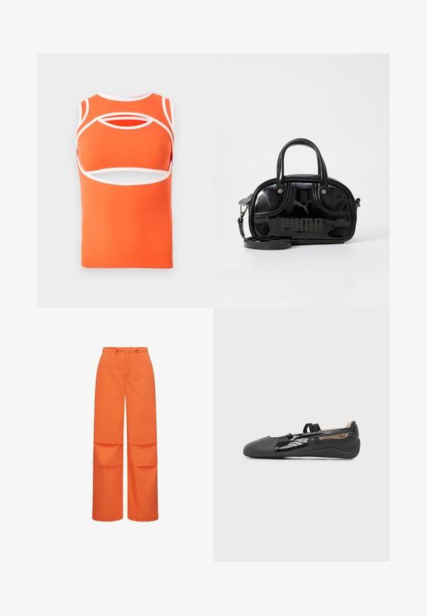 Top sin mangas naranja con acentos blancos, que presenta detalles recortados y un diseño ajustado. Fabricado con material suave y elástico.; Pantalones de pierna ancha hechos de una tela suave y naranja. Cuentan con una cintura con cordón y dos grandes bolsillos cosidos a los lados.; Zapato plano negro de tipo slip-on con tira elástica, punta lisa y detalle lateral brillante, mostrado de perfil sobre un fondo neutro.; Bolso de mano de charol negro con dos asas superiores, correa para el hombro desmontable, forma redondeada y destacado logo en relieve de "PUMA".