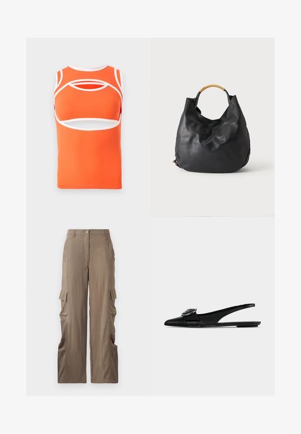 Top orange sans manches avec des accents blancs, présentant des découpes et une coupe ajustée. Fabriqué en tissu lisse et extensible.; Pantalons cargo en tissu beige clair, avec une coupe droite, deux poches latérales et deux poches cargo sur les cuisses.; Ballerine slingback en cuir noir à bout pointu, avec une large bride et une boucle métallique ronde sur le dessus.; Sac à main en cuir noir avec une poignée en métal doré courbée, design décontracté et fond arrondi sur un fond clair uni.