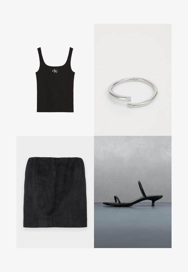 Sort bomulds tanktop med rund halsudskæring og brede skulderstropper. Har et lille trykt "Calvin Klein"-logo på forsiden.; Sort ruskind mini-skørt med elastisk talje, glat tekstur og et enkelt, rent design uden ekstra udsmykninger.; Sort Calvin Klein sandal med hæl og tynde stropper, balancerende på træfliser udendørs nær en væg og grønne planter.; Calvin Klein SPIRAL - Armbånd - silver-coloured