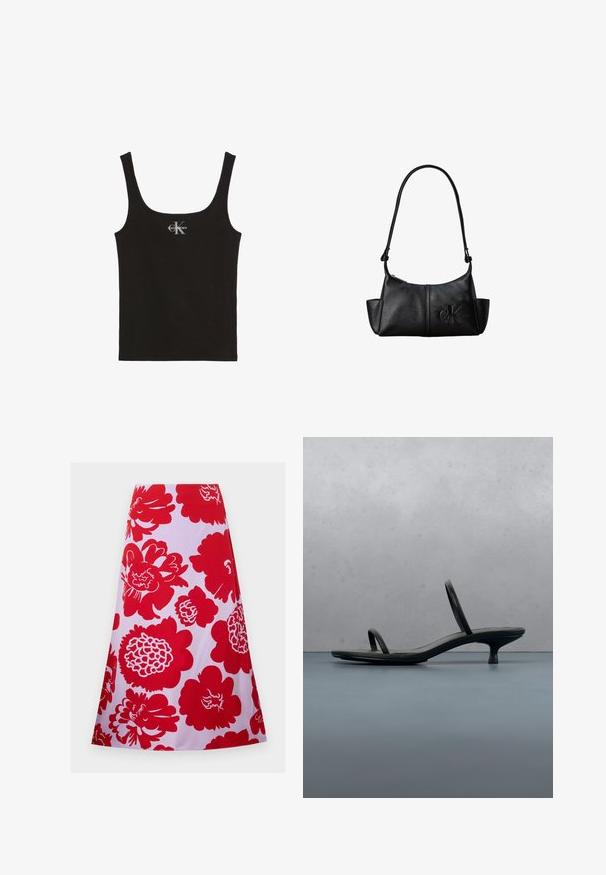 Schwarzes, geripptes Tanktop mit breiten Trägern und Calvin Klein Logo in Weiß in der Brustmitte, vor weißem Hintergrund.; Roter Rock mit floralem Muster auf weißem Hintergrund; knielang mit einem ausgestellten Design und glatter Textur. Keine sichtbaren Verschlüsse oder Akzente.; Schwarze Calvin Klein Sandalette mit dünnen Riemen und Absatz, balanciert auf Holzfliesen im Freien neben einer Wand und Grünpflanzen.; Schwarze Leder-Schultertasche mit langem Träger, Seitentaschen und eingeprägtem Calvin Klein-Logo auf der Vorderseite.