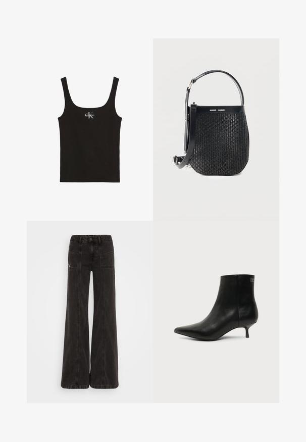 Sort ribbet tanktop med brede stropper og Calvin Klein-logo i hvid på brystets midte, sat mod en hvid baggrund.; Sorte vide ben jeans lavet af denim, med høj talje, frontlommer og tonet syninger langs sømmene.; Sort læder ankelstøvle med spids tå og lav kitten hæl på lys baggrund, der viser yderside.; Sort vævet håndtaske med rundet bund, læderkant, justerbar skulderrem og Samsøe Samsøe logo på toppen af stroppen.