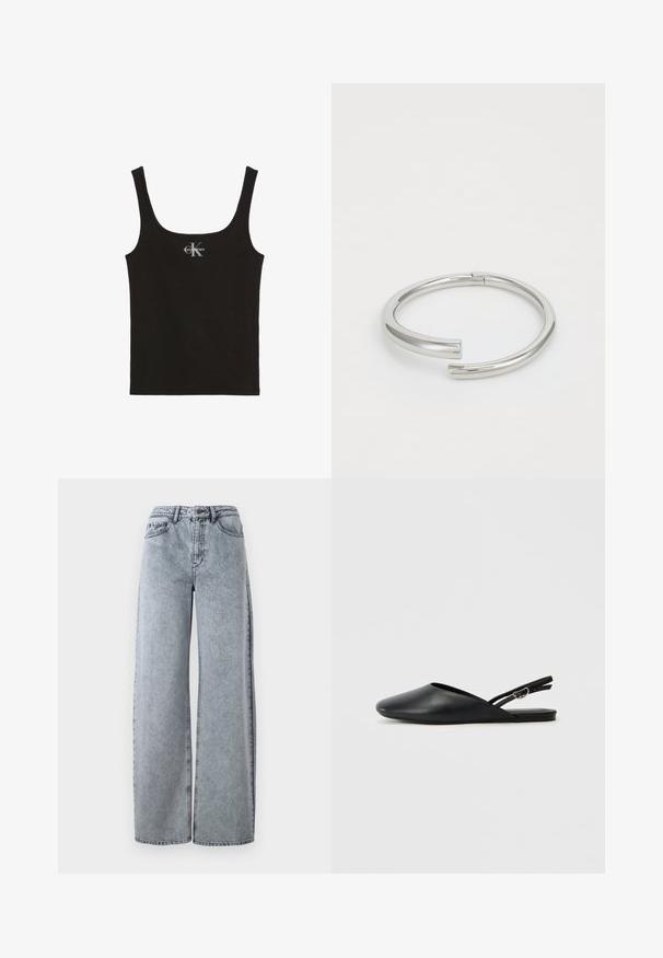 Schwarzes Baumwoll-Top mit runder Ausschnitt und breiten Schulterträgern. Auf der Vorderseite befindet sich ein kleines gedrucktes "Calvin Klein"-Logo.; Hellblaue Denim-Weitbeinjeans mit hohem Bund, ausgestattet mit Eingrifftaschen, Gürtelschlaufen und kontrastierenden Nähten.; Schwarze Leder-Slingback-Schuhe mit spitzem Zehenbereich, geschwungenem Design und verstellbarem Schnallenriemen. Glatte Textur, flache Sohle, minimale Details.; Calvin Klein SPIRAL - Armband - silver-coloured