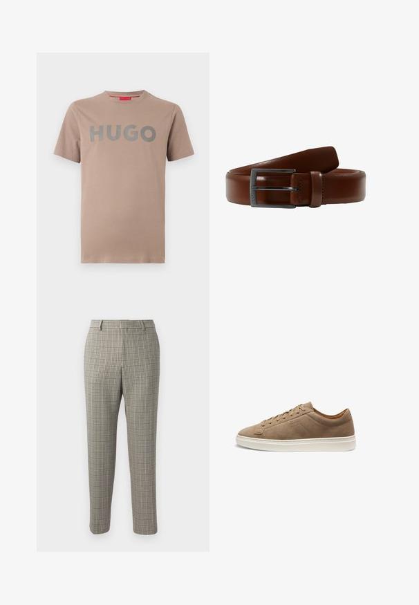 Beige kortärmelig T-shirt met ronde hals en grote grijze "HUGO"-tekst gedrukt over de borst, effen achtergrond.; Broek in een lichtbeige stof met een geruit patroon in donkerbruin en marineblauw, met een rechtlopende snit en een standaard tailleband.; Beige suède sneaker met lage enkel, vetersluiting aan de voorkant en witte rubberen zool, zijaanzicht, minimale stiksels en gegraveerd merkembleem.; Bruine leren riem met een gladde textuur, voorzien van een rechthoekige zwarte metalen gesp en een subtiele lus voor maatverstelling.