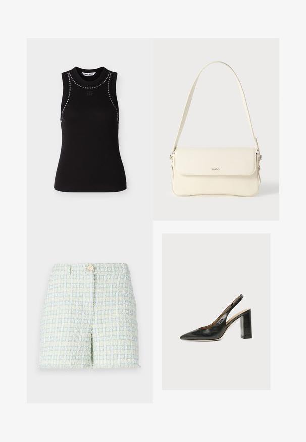 Top negro sin mangas de tejido acanalado con tachuelas plateadas que delinean el escote y las sisas, con un pequeño logotipo relieve de DKNY en el pecho.; Bermudas de tweed en azul claro y amarillo pálido con un patrón de cuadrícula texturizada. Presenta un cierre de botón en la parte delantera y un corte ajustado.; Zapato de mujer slingback de piel negra con puntera puntiaguda y tacón alto grueso de bloque sobre fondo blanco.; Bolso de hombro de cuero color crema con cierre de solapa, herrajes plateados, una sola correa ajustable y detalles sutiles con el logo.