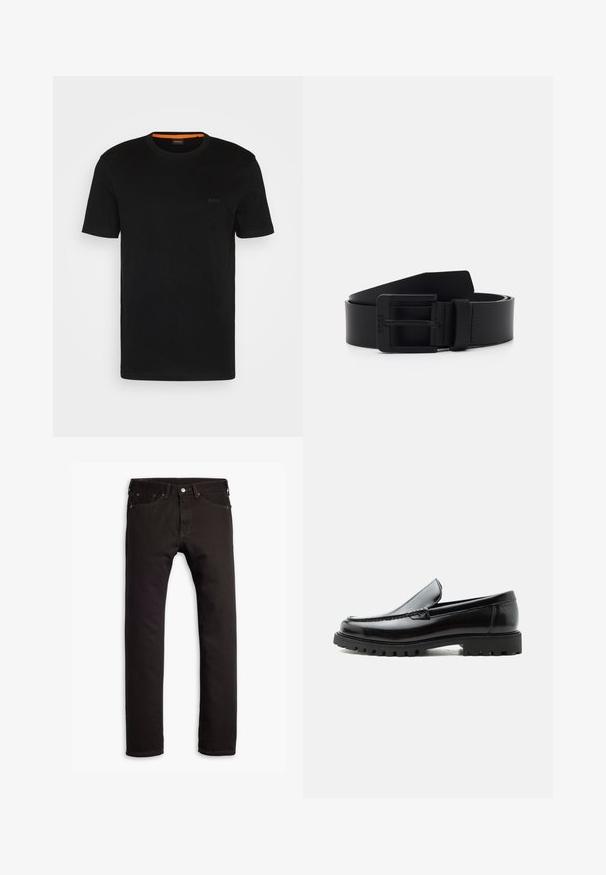 Sort kortærmet t-shirt lavet af blødt stof, med rund halsudskæring og et diskret logo på fronten. Indvendigt i kraven er der orange detaljer.; Sorte slim-fit jeans med fem lommer og knaplukning, præsenteret fladt på en hvid baggrund.; Sort læderloafer med chunky gummisål, syet overdel og præget mærkenavn på hælen, vist i sideprofil på hvid baggrund.; Sort læderbælte med mat finish, der har en rektangulær metalspænde og en glat overflade. Enkel design uden mønstre eller accenter.