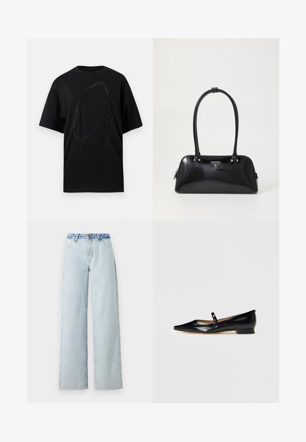 Sort t-shirt i bomuld med et stort, glitrende sort glittermotiv i form af et stiliseret "G". Kortærmet, afslappet pasform.; Lysblå vid jeans med en falmet vask, med en kontrasterende blå denimlivrem og en traditionel fem-lomme design.; Sorte patenterede læder Mary Jane flade sko med spids tå, én rem og lav hæl på ensfarvet baggrund.; Sort glanshandtaske med en buet silhuet, to håndtag og en frontlogo-plakette. Lynlås lukning og skinnende hardware-detaljer.