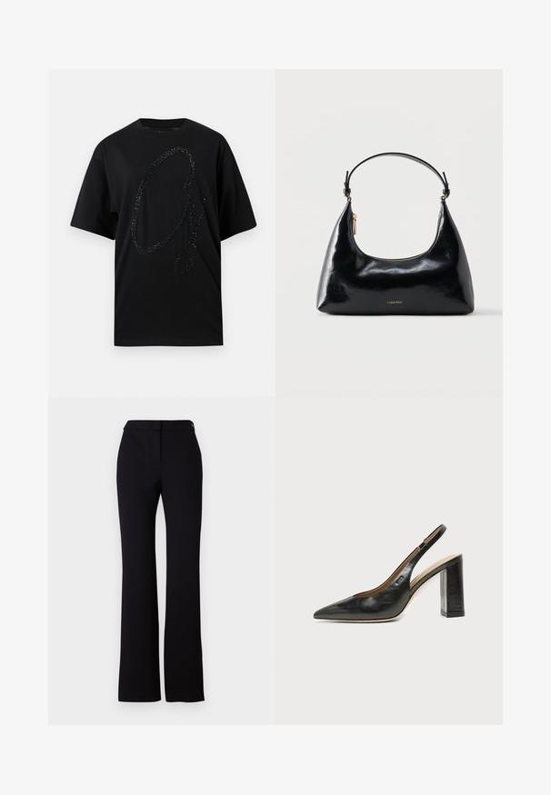 Schwarzes T-Shirt aus Baumwolle mit einem großen, funkelnden schwarzen Glitzergrafik in Form eines stilisierten "G". Kurzärmlig, lockere Passform.; Schwarze Hose mit geradem Schnitt, glatter Textur und einem Bund mit einem einzelnen Knopfverschluss. Keine sichtbaren Muster oder Akzente.; Schwarzer Leder-Slingback-Schuh mit spitzer Kappe, hohem Blockabsatz und beigegefüttertem Innenraum vor hellem, einfarbigem Hintergrund.; Schwarze, glänzende Calvin Klein Handtasche mit goldfarbenem Reißverschluss und kurzem Trageriemen vor schlichtem weißem Hintergrund.