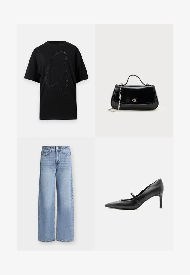 Sort t-shirt i bomuld med et stort, glitrende sort glittermotiv i form af et stiliseret "G". Kortærmet, afslappet pasform.; Lyseblå vidde jeans med forlommer, bæltestropper, knaplukning og falmede detaljer på lårene.; Sort læderspids højhælede sko med tynd rem og spænde over vristen, stående på en neutral lys baggrund.; Sort læderhåndtaske med en kædestrop, struktureret form og et sølvlogo. Glat overflade med flaplukning.