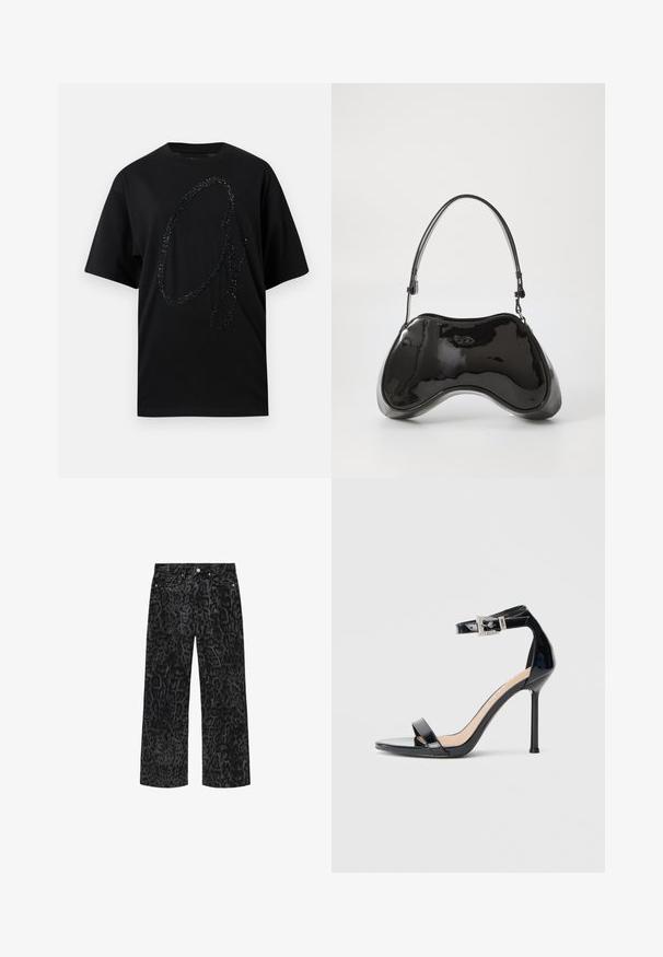 T-shirt noir en coton, avec un grand graphisme pailleté noir scintillant en forme de "G" stylisé. Manches courtes, coupe décontractée.; Jean noir à jambes larges avec motif léopard gris foncé, poches avant, fermeture par bouton et zip.; Sandale à talon haut en cuir verni noir avec bride à la cheville. Présente un design minimaliste, un bout ouvert et une boucle ornée de strass.; Sac à main en cuir verni noir avec une forme incurvée unique, une anse courte et ajustable, et une fermeture zippée. Texture lisse avec un branding discret.