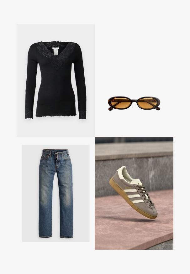 Must-have must-haves: must-have must-haves; Sinine denimist valmistatud sirge jala püksid, millel on nähtavad õmblused, lukuga sulgemine ja viis taskut. Pleekinud alad lisavad tekstuuri.; Helepruunad seemisnahast Adidas tossud valgete triipude ja kummist taldadega, riputatud roosade kivist trepiastmete kohale õues.; Ovaalsed kilpkonnakujulised päikeseprillid, millel on merevaigutooni läätsed ja õhuke raam, paigutatud valgele taustale.