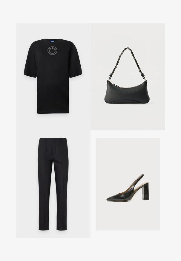 Sort bomuld T-shirt med korte ærmer, med et smilende ansigt-design pyntet med sølv rhinsten på brystet.; Sorte skræddersyede bukser med slim fit, glat front og to baglommer. Lavet af glat stof med fin syning langs sømmene.; Sort læder kvindesko med slingback, spids tå og tyk blokhøj hæl på hvid baggrund.; Sort skuldertaske i læder med en buet rektangulær form, gyldent kæde vævet ind i en flettet sort rem og toplynlås.