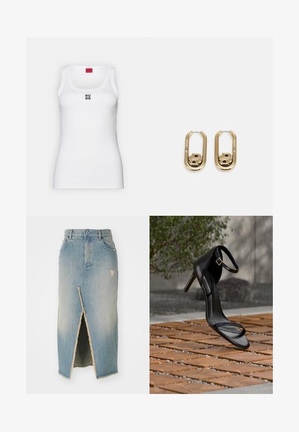 Hvid tanktop lavet af bomuld, med et enkelt design og en rund halsudskæring samt et sort "HUGO" logo i midten. Glat tekstur.; Denim nederdel, lyseblå, midtlængde med frayed kant. Har en frontslids og slidte detaljer nær taljen og kanten.; Sort højhælet sandal med ankelsnor, der ser ud til at svæve over et trægulv udendørs med sløret grønt og sten i baggrunden.; BOSS DOUBLE B SWING - Øreringe - gold-coloured