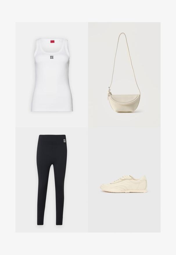 Débardeur blanc en coton, avec un design simple, un col rond et un logo "HUGO" noir au centre. Texture lisse.; Leggings noirs en tissu extensible, dotés d'une taille large, d'une coupe ajustée et d'un petit logo blanc sur la hanche gauche. Texture lisse.; Baskets basses de couleur crème avec des coutures ondulées, une fermeture à lacets et une semelle crantée, vues de côté sur un fond uni.; Petit sac bandoulière en cuir crème avec rabat incurvé et longue lanière fine suspendu sur un fond uni.