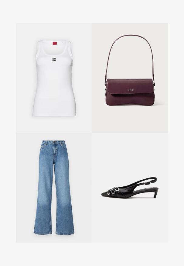 Weißes Tanktop aus Baumwolle, mit einem schlichten Design, runder Ausschnitt und schwarzem "HUGO"-Logo in der Mitte. Glatte Textur.; Hoch taillierte blaue Jeans mit weitem Bein, vorderen Taschen, Gürtelschlaufen sowie einem Knopf- und Reißverschluss.; Schwarzer Lederslingback mit spitzer Spitze, drei silbernen Schnallen vorne und niedrigem Kittenabsatz auf weißem Hintergrund.; Burgunderrote Lederhandtasche mit einem strukturierten Design, ausgestattet mit einer Klappe zum Verschließen und einem verstellbaren Riemen. Logodetail ist vorne eingeprägt.
