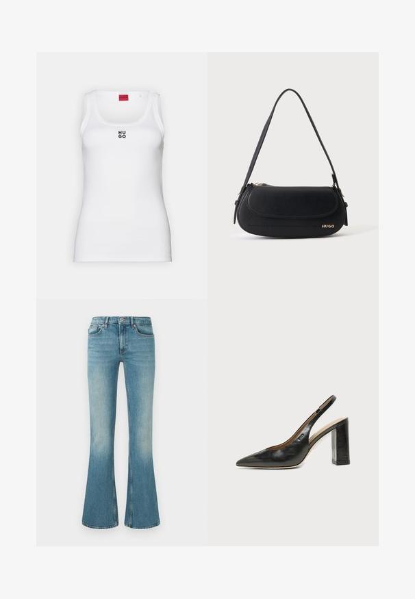 Débardeur blanc en coton, avec un design simple, un col rond et un logo "HUGO" noir au centre. Texture lisse.; Jeans en denim bleu évasés avec un lavage léger, cinq poches, un détail de couture et une taille avec un bouton et une fermeture éclair.; Chaussure slingback en cuir noir à bout pointu avec un talon bloc haut et une doublure intérieure beige sur un fond clair uni.; Sac à épaule en cuir noir avec rabat incurvé, logo doré "HUGO" sur le devant, et une bandoulière réglable.