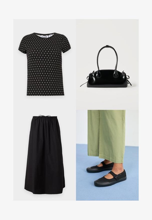 Sort kortærmet t-shirt med hvide polkaprikker, rund halsudskæring og lige kant.; Sort ankel-lang nederdel med elastisk taljebånd og knyttet snøre.; Sorte kanvas sko med rund tå, gummisål og en spænde rem. Parret med løse, lysegrønne bukser.; Lille sort blank håndtaske med to lange håndtag og snøre-detaljer i siden på en ensfarvet lys baggrund.