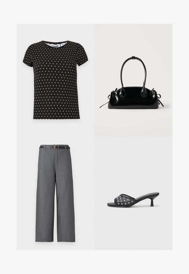 T-shirt noir à manches courtes avec des pois blancs, col rond et ourlet droit.; Pantalon gris à jambes larges et taille haute, associé à une fine ceinture noire avec une petite boucle dorée.; Sandale à talon bas ouverte noire avec un tissu transparent orné de clous décoratifs transparents et une semelle lisse.; Petit sac à main noir brillant avec deux longues anses et des détails à cordon sur les côtés sur un fond clair uni.