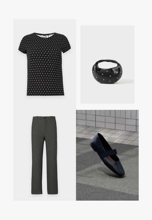 Zwart T-shirt met korte mouwen met witte polka dots, ronde hals en een rechte zoom.; Grijze broek met een gladde textuur, rechte pijpen en een subtiel ruitpatroon. Voorzien van een knoopsluiting en riemlussen.; Zwarte leren platte schoen met een ronde neus, voorzien van een zachte zwarte elastische band over de wreef. Gladde textuur en minimalistisch ontwerp.; Zwarte leren handtas met een afgeronde vorm, versierd met zilveren studs, en een korte handgreep. Gladde textuur en ritsluiting.
