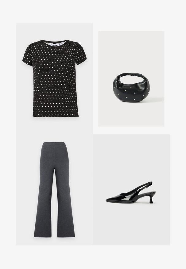 Camiseta negra de manga corta con lunares blancos, escote redondo y dobladillo recto.; Pantalones de punto gris oscuro, de cintura alta y pierna ancha, con una textura suave, mostrados sobre un fondo blanco.; Zapatos de charol negro tipo slingback con punta afilada y tacón bajo. Correa ajustable con hebilla en el tobillo.; Bolso de mano de cuero negro con forma redondeada, decorado con detalles de tachuelas plateadas y un asa corta. Textura lisa y cierre con cremallera.