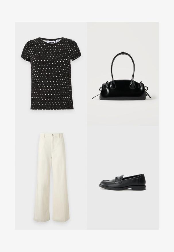 Sort kortærmet t-shirt med hvide polkaprikker, rund halsudskæring og lige kant.; Off-white bukser med vide ben, bæltestropper, forrest knaplukning og synlige forreste sømdetaljer, vist på en neutral baggrund.; Sorte læder loafers med rund tå, en syet design og en sløjfeaccent på overlappen. Lav blokhæl og glat tekstur.; Lille sort blank håndtaske med to lange håndtag og snøre-detaljer i siden på en ensfarvet lys baggrund.