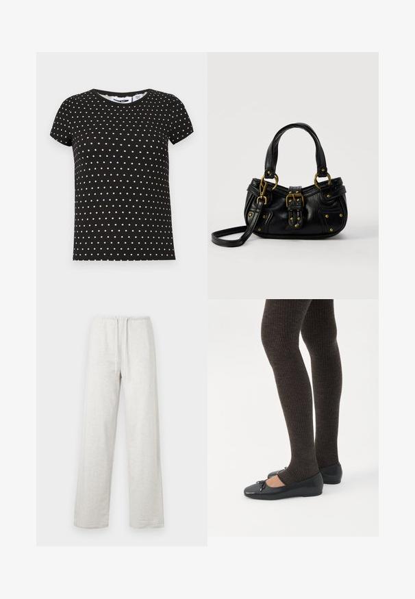 Camiseta negra de manga corta con lunares blancos, escote redondo y dobladillo recto.; Pantalones deportivos gris claro con cintura elástica y cordón, corte recto, exhibidos planos sobre un fondo blanco.; Piernas con leggings oscuros acanalados combinados con bailarinas negras que presentan pequeños detalles de lazo sobre un fondo blanco.; Bolso de cuero negro con hebilla y detalles de remaches dorados, asas cortas y una correa de hombro ajustable sobre un fondo blanco liso.