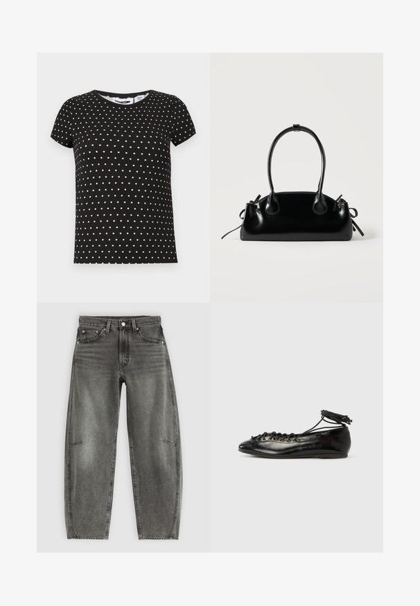 Schwarzes T-Shirt mit kurzen Ärmeln und weißen Punkten, runder Ausschnitt und gerader Saum.; Hochtaillierte, grau gewaschene Jeans aus Denim mit fünf Taschen, Knopfverschluss und einer lässigen, geraden Passform.; Schwarze Ballerinas aus Lackleder mit runder Spitze, Schnürdesign und flacher Sohle. Glatte Textur mit minimaler Verzierung.; Kleine schwarze glänzende Handtasche mit zwei langen Griffen und seitlichen Kordelzug-Details vor einfachem hellem Hintergrund.
