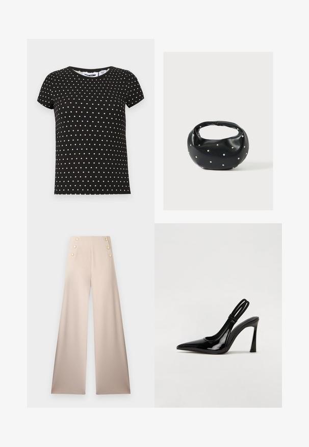 T-shirt noir à manches courtes avec des pois blancs, col rond et ourlet droit.; Pantalon beige à jambes larges, taille haute avec deux rangées verticales de trois boutons décoratifs dorés à l'avant.; Escarpin en cuir verni noir à talon aiguille, à bout pointu, avec une sangle élastique double pour un maintien sécurisé. Surface lisse et brillante.; Sac à main en cuir noir de forme arrondie, décoré de clous argentés et équipé d'une poignée courte. Texture lisse et fermeture éclair.