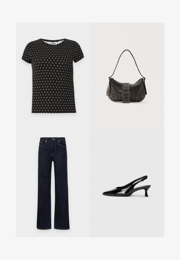 Camiseta negra de manga corta con lunares blancos, escote redondo y dobladillo recto.; Jeans de mezclilla azul oscuro con piernas rectas, cierre de botón, trabillas para cinturón y cinco bolsillos, exhibidos sobre un fondo blanco.; Zapatos de charol negro tipo slingback con punta afilada y tacón bajo. Correa ajustable con hebilla en el tobillo.; Bolso de hombro de cuero negro con detalle de correa con hebilla, bordes curvos y costuras blancas en contraste sobre un fondo liso.