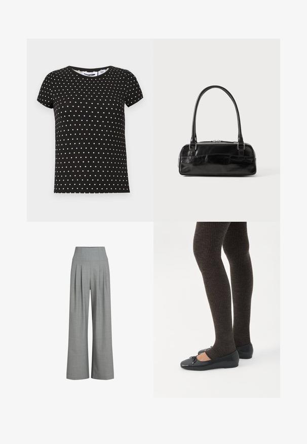 T-shirt noir à manches courtes avec des pois blancs, col rond et ourlet droit.; Pantalons larges plissés gris avec une taille haute, fabriqués à partir d'un tissu texturé, présentant une finition lisse et des lignes épurées.; Jambes portant des leggings côtelés foncés associés à des ballerines noires avec de petits détails en nœud sur fond blanc.; Sac à main en cuir noir de forme rectangulaire, doté d'une seule ansse structurée, de quincaillerie argentée et d'une fermeture éclair. Texture lisse.