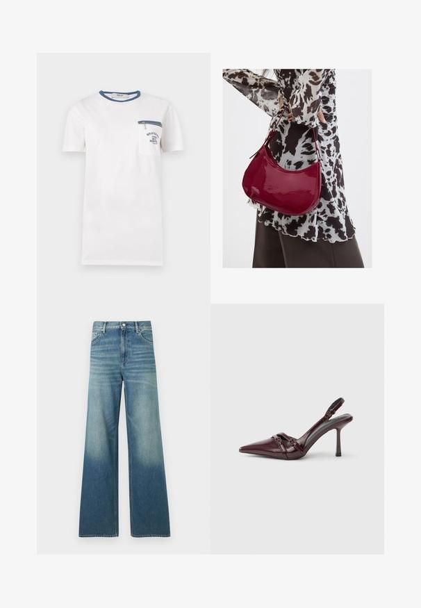 T-shirt blanc à manches courtes avec bordure bleue au col, poche poitrine équipée d'une fermeture éclair bleue et texte imprimé bleu marine sur la poche.; Jean en denim bleu taille haute avec une coupe large, poches avant, fermeture par boutons et détails délavés sur les cuisses et le bas des jambes.; Escarpin slingback en cuir verni bordeaux avec bout pointu, fine bride à la cheville et petit détail décoratif de boucle. Texture lisse et talon haut.; Femme portant un chemisier à motif noir et blanc tenant un sac à main rouge brillant sur un fond uni.