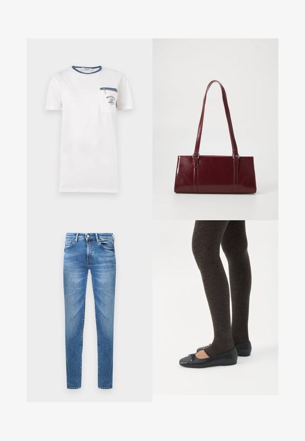 Wit T-shirt met korte mouwen met blauwe bies aan de kraag, borstzak met blauwe rits en donkerblauwe bedrukte tekst op de zak.; Lichtblauwe denim jeans met een slim fit. Kenmerken zijn een knoopsluiting, vijf zakken en een gewassen textuur op de dijen.; Benen met donkere geribbelde leggings gecombineerd met zwarte ballerina's met kleine strikdetails op een witte achtergrond.; Bourgondische handtas van glanzend materiaal, rechthoekige vorm, met twee schouderbanden en subtiele gebogen accenten aan de voorkant.