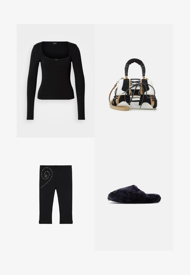 Haut noir ajusté à manches longues avec un décolleté carré et un petit nœud décoratif au centre devant.; Leggings noirs arrivant aux genoux avec des clous métalliques disposés en motif en spirale sur la partie supérieure de la cuisse gauche.; Chausson noir en tissu duveteux à enfiler, à bout fermé et talon ouvert, en tissu doux et texturé, présenté de profil sur fond blanc.; Sac à main multicolore en maille noire, blanche et beige. Présente une poignée texturée, un design à lacets et une bandoulière amovible.