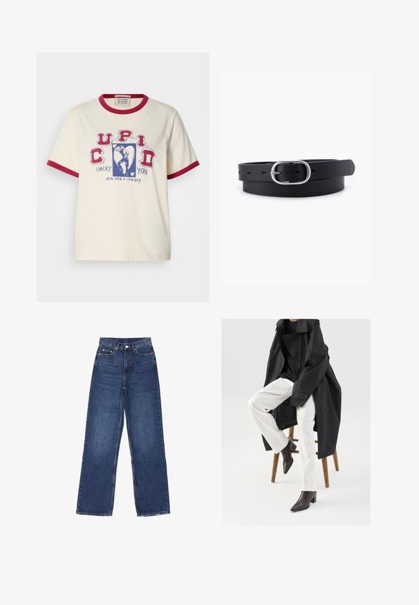 Korte mouw crème T-shirt met een rode ribbelkraag en -manchetten, met een blauw grafisch ontwerp en de tekst "Cupid Lucky You Aim for a Cowboy."; Wijde spijkerbroek in blauwe denim met hoge taille, voorzien van een knoopsluiting, vijf zakken en subtiele vervaging op de stof.; Zwarte, oversized trenchcoat over een zwart top, gecombineerd met witte broek en bruine, puntige enkellaarsjes, zittend op een houten kruk.; Zwarte leren riem met een gladde textuur, ovaal zilveren metalen gespsluiting en meerdere verstelgaten langs de band. Platte, minimalistische uitstraling.