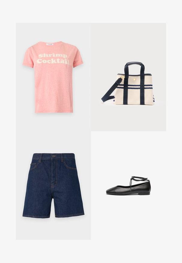 Pink T-shirt med korte ærmer med hvid tekst "Shrimp Cocktail" på brystet, vist på en ensartet lys grå baggrund.; Mørkeblå denimshorts med et klassisk fem-lomme-design, synlig orange syning og en knaplukning i taljen.; Sorte læder ballerinaer med spids tå, flad hæl og snørredetalje om anklen. Glat tekstur, minimalistisk design.; Beige lærreds-tote taske med to marineblå lodrette stropper, dobbelte håndtag, aftagelig lang rem og marineblå horisontale striber nær toppen.