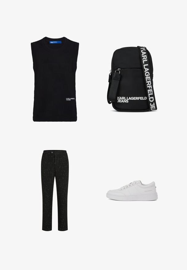 Schwarzer ärmelloser Pullover, gerippte Textur, Rundhalsausschnitt, mit kleinem weißem Logo unten rechts. Glattes, figurbetontes Design.; Schwarze maßgeschneiderte Hose mit einem strukturierten Muster aus dünnen weißen vertikalen Linien, geradem Schnitt und einem Knopfverschluss an der Taille.; Weiße Leder-Sneaker mit klassischem Low-Top-Design, flacher Sohle und dezentem Markenlogo an der Ferse. Verfügt über fünf Metallösen für die Schnürsenkel.; Schwarze Stoff-Crossbody-Tasche mit rechteckiger Form, ausgestattet mit einer Reißverschlusstasche an der Vorderseite und einem kontrastierenden Logo-Gurt in Weiß.