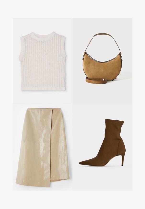 Débardeur blanc sans manches avec une texture côtelée, présentant un col rond et un design en tricot ouvert. Silhouette simple et décontractée.; Jupe en simili cuir beige avec un motif serpent texturé et brillant ; dotée d'un design enroulé et d'une fente sur le côté pour plus de détails.; Bottine marron à bout pointu avec un talon moyen-haut fin et une tige en tissu lisse.; Sac à main croissant en daim marron avec une seule poignée et une bandoulière supplémentaire amovible texturée avec un petit détail en perle.