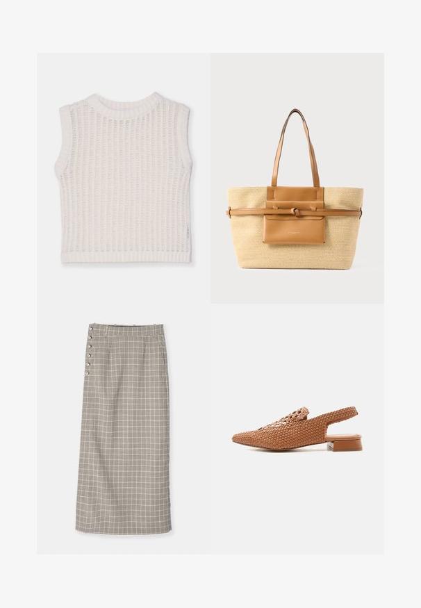 Débardeur blanc sans manches avec une texture côtelée, présentant un col rond et un design en tricot ouvert. Silhouette simple et décontractée.; Jupe longue à motif quadrillé en noir et blanc. Présente une coupe droite, une taille haute et des boutons décoratifs sur le côté. Fabriquée en tissu tissé.; Chaussure slingback en cuir tressé marron avec bout pointu et talon bas et épais.; Grand sac fourre-tout tissé beige avec deux poignées en cuir marron, une pochette avant en cuir et une sangle horizontale en cuir avec un détail en nœud.