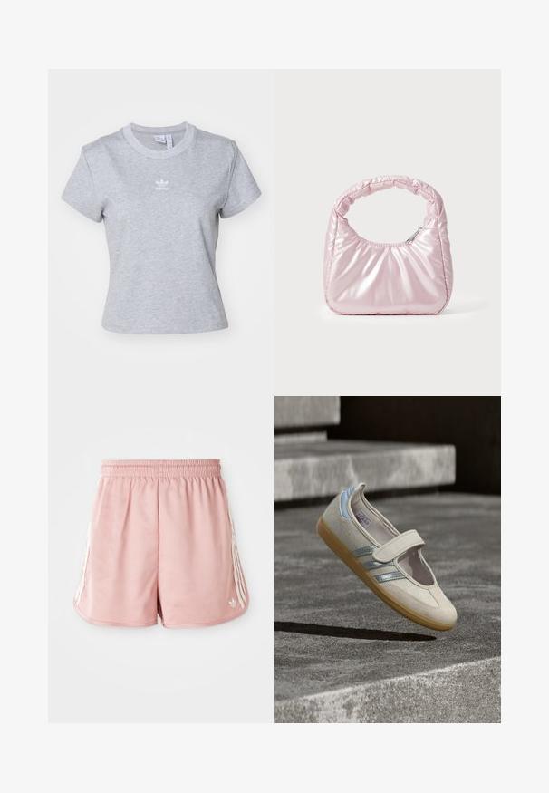 adidas Originals ESS SLIM TEE - T-shirt basic - medium grey heather; Roze sport shorts met een elastische tailleband, witte zijstreepdetails en een klein logo aan de onderkant van de linkervoorzijde. Glad textuur van de stof.; Beige stoffen schoen met elastische band, gestructureerd bovendeel, zilveren en blauwe accenten, en een buitenzool van gumrubber, getoond tegen een grijze achtergrond.; Roze, gevoerde handtas met een afgeronde vorm, gemaakt van glanzend materiaal. Beschikt over een geplooide handgreep en een ritssluiting voor veilige toegang.