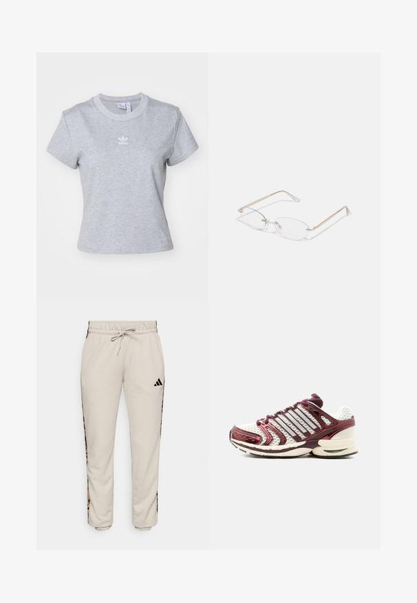 adidas Originals ESS SLIM TEE - Základné tričko - medium grey heather; Svetlobéžové tepláky vyrobené z mäkkej tkaniny, s pásom na šnúrku a čiernymi bočnými panelmi s leopardím vzorom.; Bielo-bordové športové tenisky z sieťoviny, so reflexnými pruhmi, polstrovanou podrážkou a šnurovaním na jednofarebnom pozadí.; Zlaté kovové okuliare s oválnymi šošovkami, štíhlymi rámami a priehľadnými nosovými podložkami. Obsahujú jemné akcenty pántov a priehľadné šošovky.