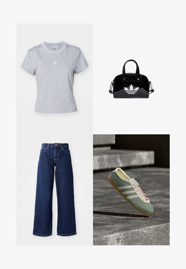 adidas Originals ESS SLIM TEE - T-shirts basic - medium grey heather; Mørkeblå vide jeans lavet af denim, med knap- og lynlåslukning, bæltesløjfer og klassisk fem-lomme design.; Grønne og hvide Adidas Gazelle sneakers med lyserøde snørebånd svævende over betonstrin i naturligt lys.; Sort patentlæder håndtaske med rund form, to top-håndtag, sølvdetaljer og en fremtrædende hvid logo på fronten.