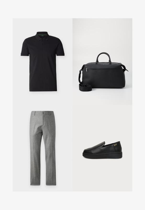 Zwart poloshirt met korte mouwen, een kraag en een knoopsluiting met twee knopen, met een subtiel BOSS-logo op de borst en een groene binnenrand aan de hals.; Grijze textuur broek met een rechte pijp ontwerp, voorzien van een voorste knoop- en ritssluiting. Subtiele visgraatpatroon detail.; Zwart leren instapschoenen met dikke zool en kleine ventilatiegaatjes aan de zijkant, met het gouden "HUGO"-logo nabij de hak.; Zwarte leren reistas met twee bovenhandvaten, een afneembare schouderband en een ritsvak aan de voorkant voor extra opbergruimte.