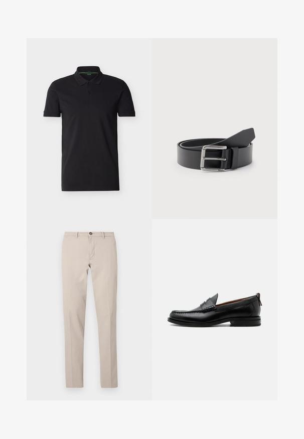 Schwarzes Polohemd mit kurzen Ärmeln, Kragen und Zwei-Knopf-Leiste, mit dezentem BOSS-Logo auf der Brust und grüner Innenhalsausschnitt-Verzierung.; Beige Slim-Fit-Hose mit Gürtelschlaufen, Knopfverschluss und vorderlichem Reißverschluss, flach auf weißem Hintergrund dargestellt.; Schwarzer Leder-Herrenschuh mit Mokassinnaht, Penny-Riemen, strukturiertem Kragen und niedrigem gestapeltem Absatz auf weißem Hintergrund.; Schwarzer Ledergürtel, zusammengerollt mit silberner rechteckiger Metallschnalle, auf der "BOSS" eingraviert ist, vor hellem grauem Hintergrund.