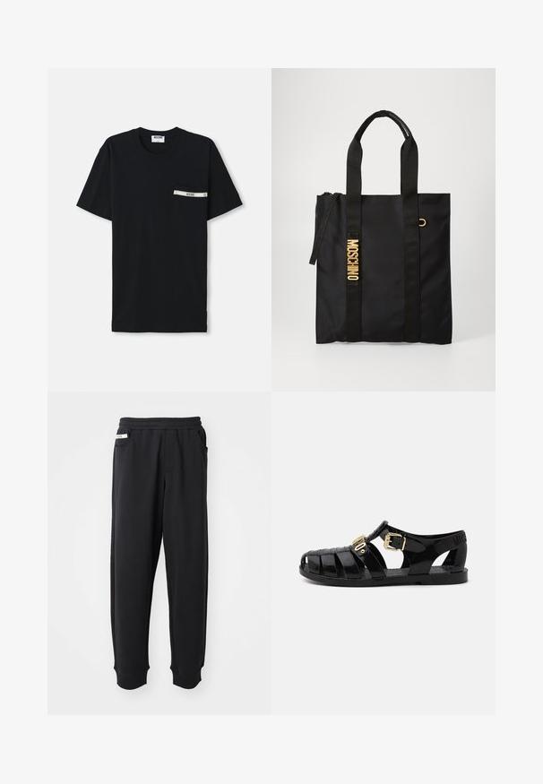 Zwarte katoenen t-shirt met korte mouwen, ronde halslijn en een linkerzak met een witte streep en logo-detail.; Zwarte sweatpants van zachte stof, met een elastische tailleband, zijzakken en geribbelde boorden bij de enkels. Minimalistisch ontwerp.; Zwarte rubberen sandalen met uitsnijdingen, voorzien van een gouden gesp-sluiting en een textuur inlegzool. Afgedrukt logo op de hak.; Zwarte tote bag van gladde stof met twee zwarte handvaten, voorzien van een gouden "MOSCHINO" logo en een rits bovenaan.