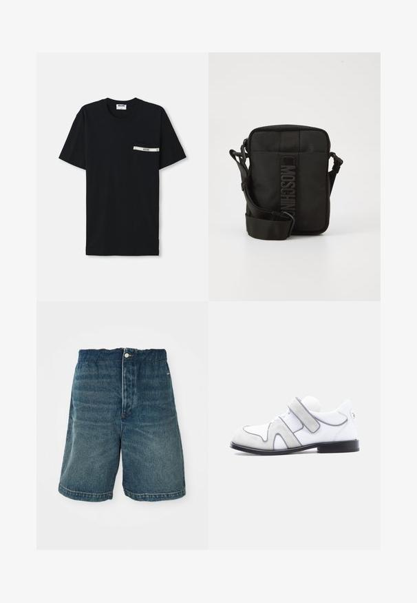 Schwarzes Baumwoll-T-Shirt mit kurzen Ärmeln, Rundhalsausschnitt und einer linken Tasche mit einem weißen Streifen und Logodetail.; Dunkelblaue Denim-Shorts mit lockerer Passform, Knopfverschlüsse und sichtbaren Nähten an Saum und Taschen.; Weißer Leder- und grauer Wildleder-Herrenschuh mit schwarzer Sohle und einem einzelnen breiten Klettverschluss an der Seite.; Kompakte schwarze Umhängetasche mit verstellbarem Tragegurt und vertikalem MOSCHINO-Logo auf dem mittleren Frontpanel vor weißem Hintergrund.