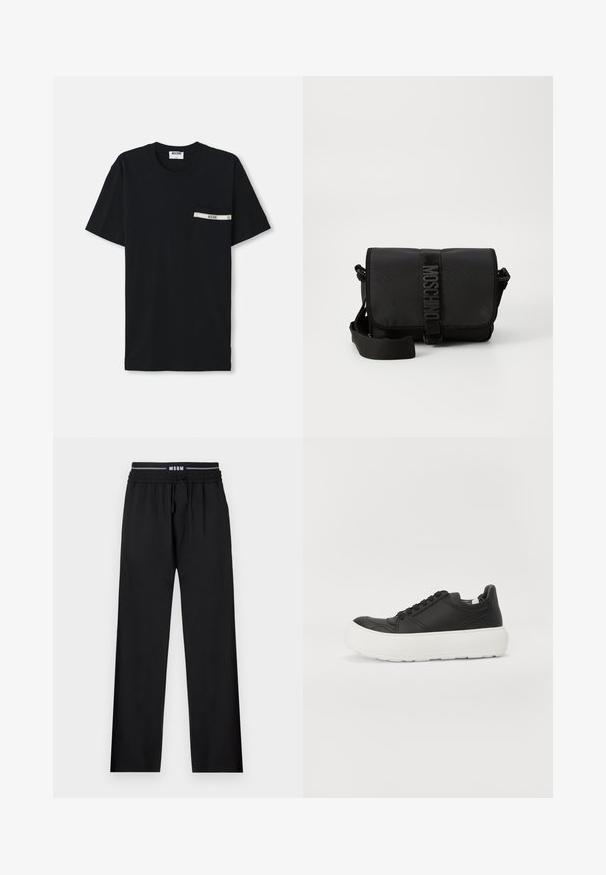 T-shirt en coton noir à manches courtes, col rond, avec une poche gauche ornée d'une bande blanche et d'un détail logo.; Pantalons noirs à coupe décontractée, taille élastique, cordon de serrage ajustable et poches latérales. Fabriqués en tissu lisse sans motifs.; Baskets en cuir noir avec une semelle en caoutchouc blanc épais, bout rond et lacets noirs plats. Texture lisse avec des accents cousus.; Sac bandoulière noir en nylon avec rabat, doté d'une fermeture à bande logo proéminente, d'une bandoulière réglable et de détails de surpiqûres sur les côtés.