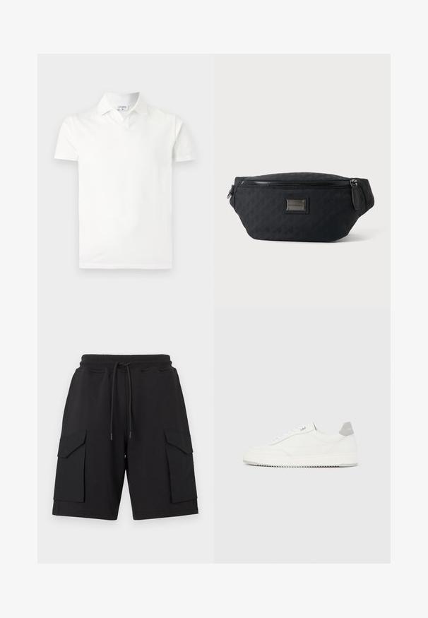 Polo blanc à manches courtes avec col et une petite étiquette à l'intérieur du col indiquant « FILIPPA K », présenté sur un fond clair uni.; Shorts cargo noirs en tissu doux avec une taille élastique et un cordon de serrage. Comprennent deux grandes poches latérales et des ourlets cousus.; Baskets basses blanches avec un onglet de talon gris, des lacets blancs et une semelle texturée, présentées sur un fond uni clair.; Sac banane en tissu noir avec fermeture éclair frontale et petite plaque métallique du logo au centre, présenté sur un fond uni.